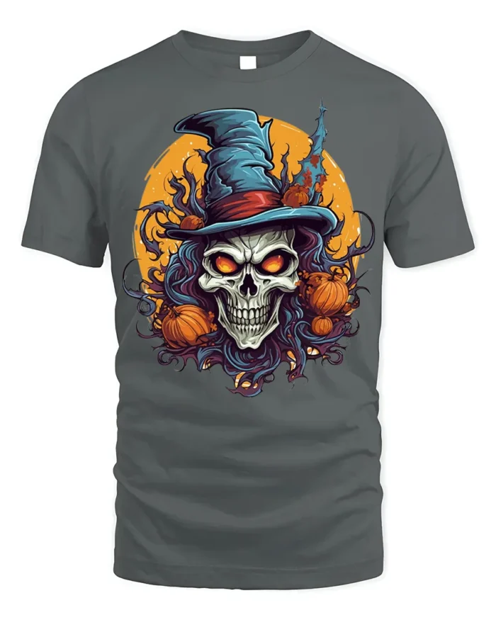 Evil Witch Skull Pumpkin Moon Halloween T-Shirt - gray t-shirt on white background