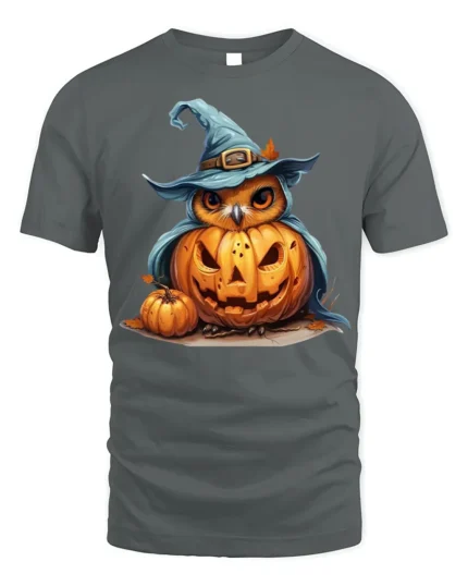 Halloween Owl with Pumpkin Witch Hat T-Shirt - gray t-shirt on white background