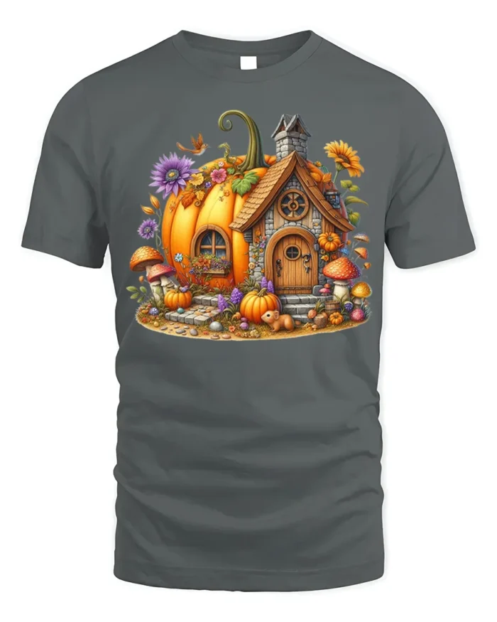 Whimsical Pumpkin Cottage Autumn T-Shirt - gray t-shirt on white background