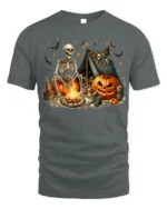Skeleton Pumpkin Campfire Halloween T-Shirt - gray t-shirt on white background