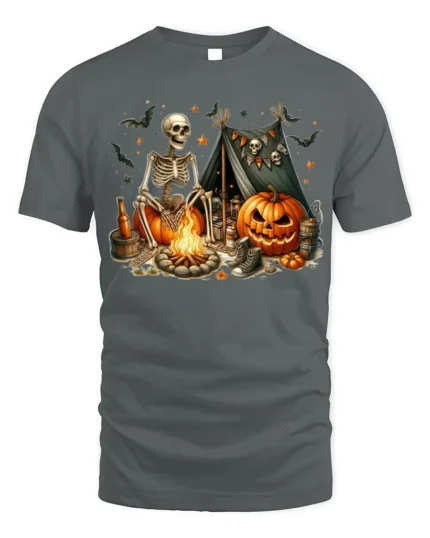 Skeleton Pumpkin Campfire Halloween T-Shirt - gray t-shirt on white background