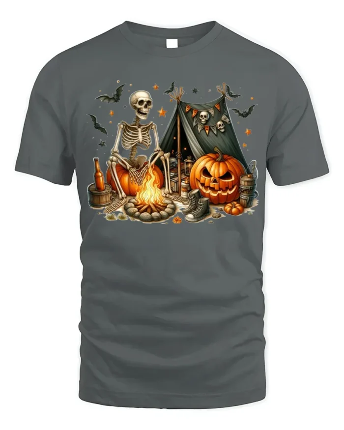 Skeleton Pumpkin Campfire Halloween T-Shirt - gray t-shirt on white background