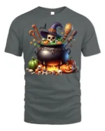 Spooky Witch Cauldron Halloween T-Shirt - gray t-shirt on white background