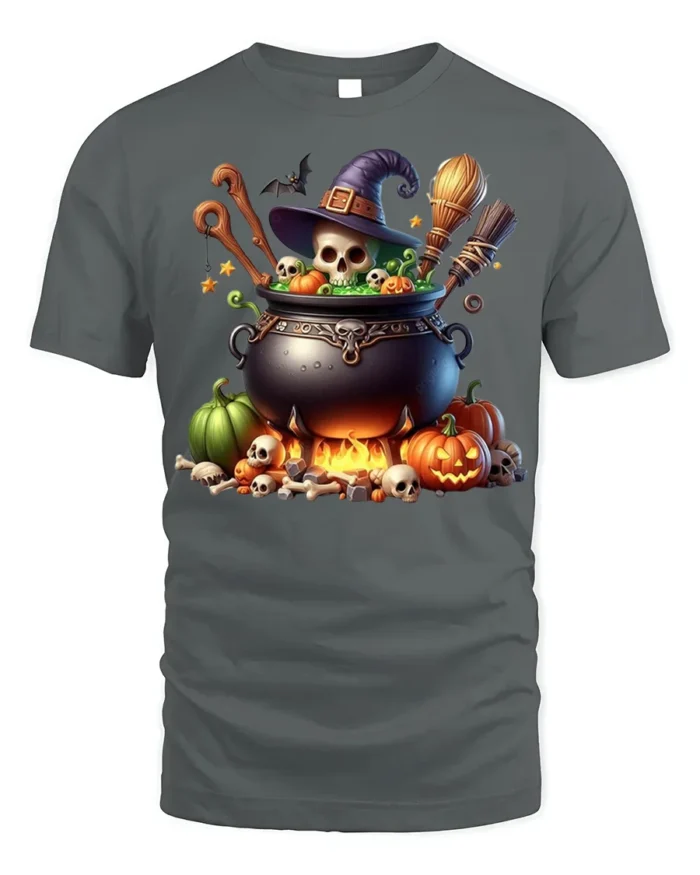 Spooky Witch Cauldron Halloween T-Shirt - gray t-shirt on white background