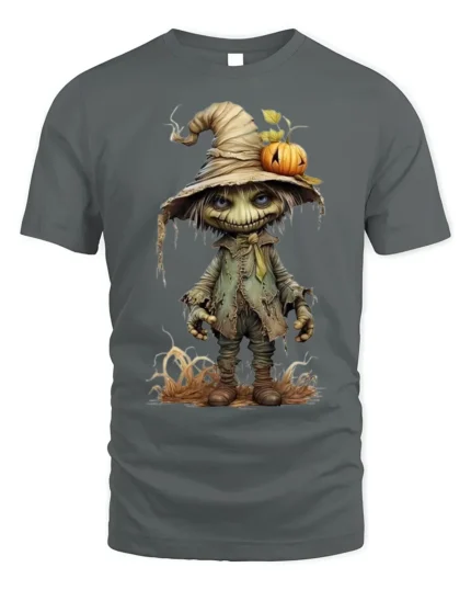 Creepy Pumpkin Head Scarecrow Halloween T-Shirt - gray t-shirt on white background