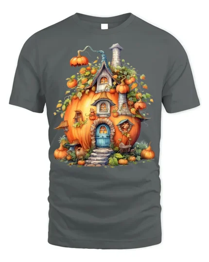 Whimsical Pumpkin House Autumn Harvest T-Shirt - gray t-shirt on white background