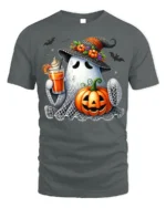 Cute Ghost Pumpkin Drink Halloween T-Shirt - gray t-shirt on white background