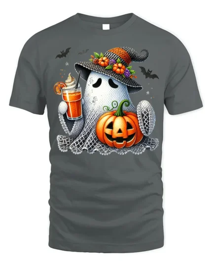 Cute Ghost Pumpkin Drink Halloween T-Shirt - gray t-shirt on white background