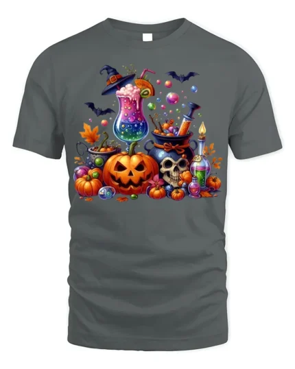 Colorful Halloween Potion and Pumpkin T-Shirt - gray t-shirt on white background