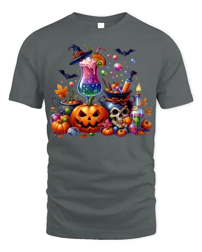 Colorful Halloween Potion and Pumpkin T-Shirt - gray t-shirt on white background