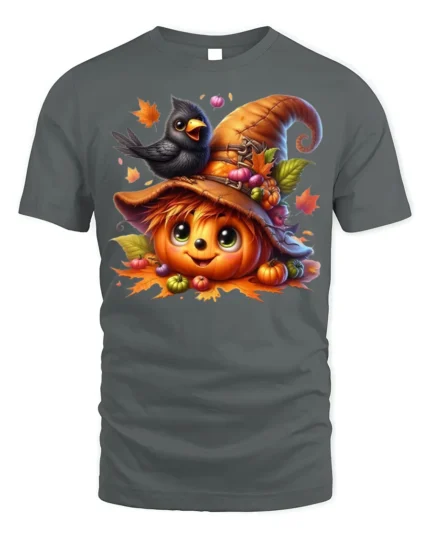 Cute Pumpkin Crow Autumn Harvest T-Shirt - gray t-shirt on white background