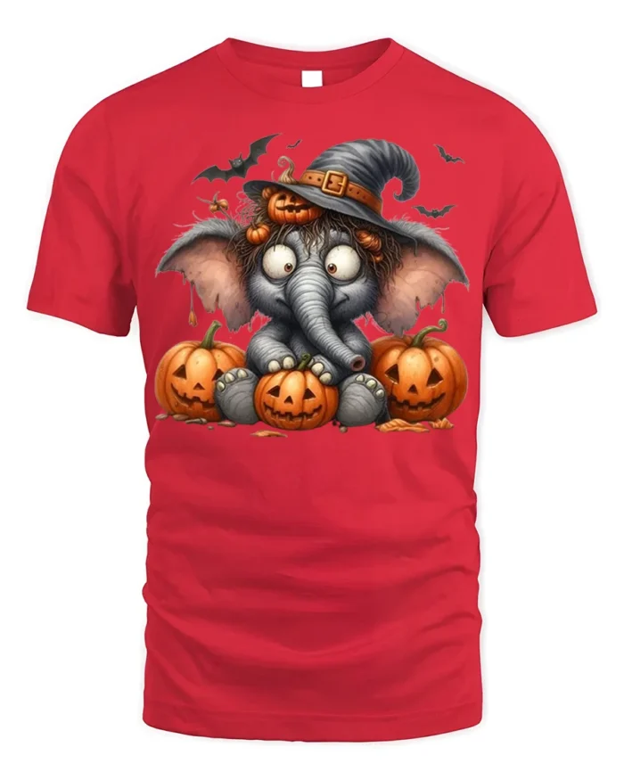 Cute Halloween Elephant Pumpkin T-Shirt - red t-shirt on white background