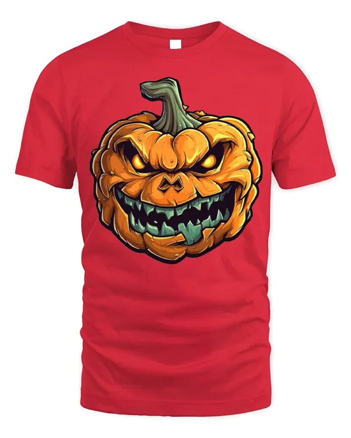 Scary Evil Grinning Pumpkin Halloween T-Shirt - red t-shirt on white background