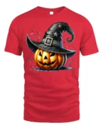 Witch Hat Jack-O’-Lantern Halloween T-Shirt - red t-shirt on white background