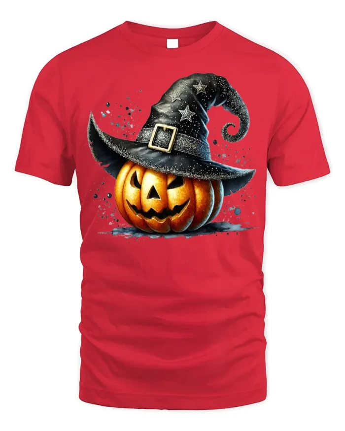 Witch Hat Jack-O’-Lantern Halloween T-Shirt - red t-shirt on white background