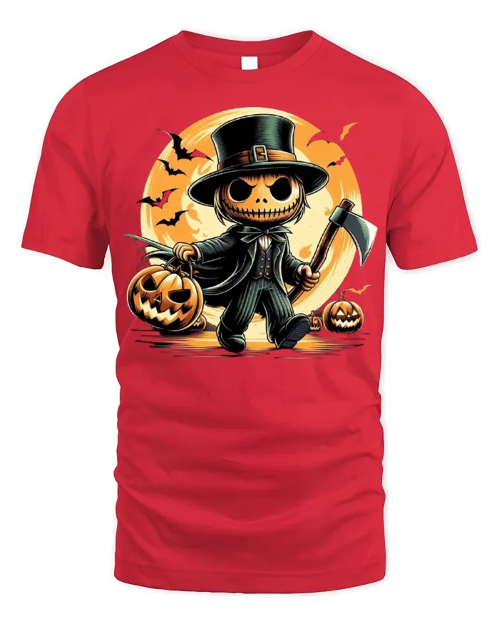 Pumpkin Head Axe Halloween Moonlight T-Shirt - red t-shirt on white background