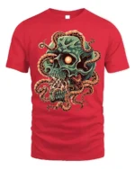 Green Skull Tentacle Horror Halloween T-Shirt - red t-shirt on white background