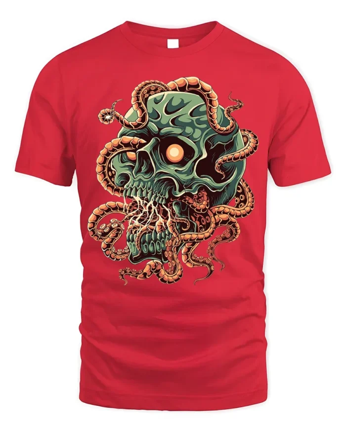 Green Skull Tentacle Horror Halloween T-Shirt - red t-shirt on white background