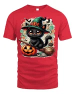 Cute Black Cat Witch Halloween Pumpkin T-Shirt - red t-shirt on white background