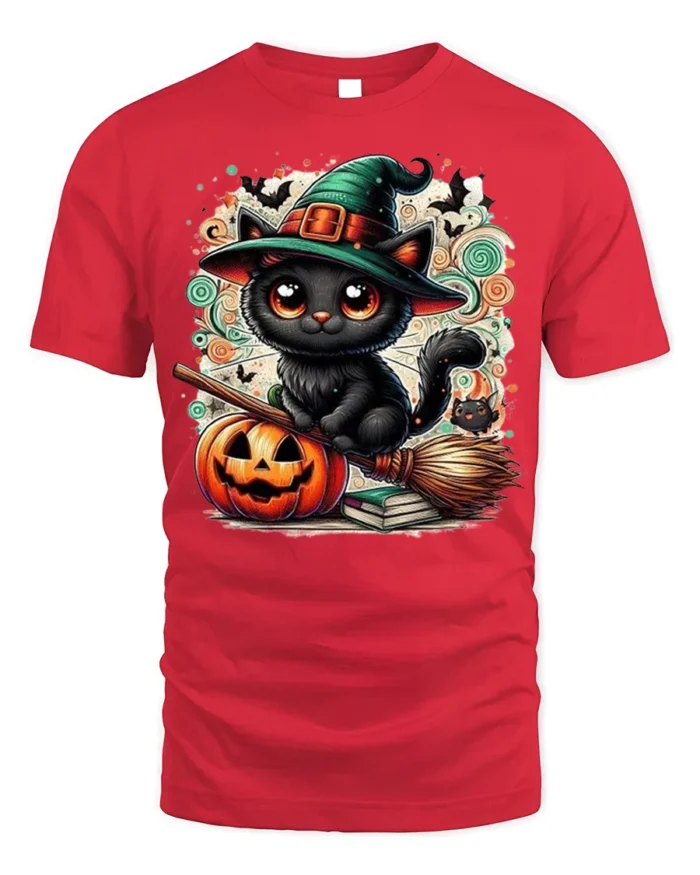 Cute Black Cat Witch Halloween Pumpkin T-Shirt - red t-shirt on white background
