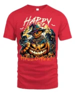Creepy Pumpkin Scarecrow Happy Halloween T-Shirt - red t-shirt on white background