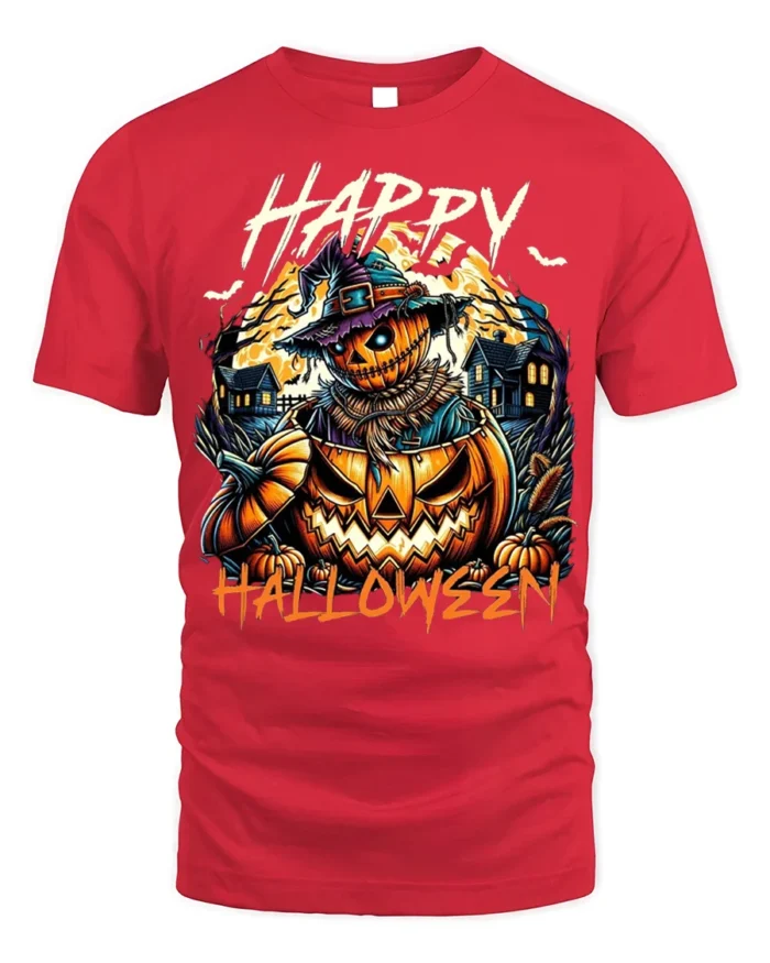 Creepy Pumpkin Scarecrow Happy Halloween T-Shirt - red t-shirt on white background