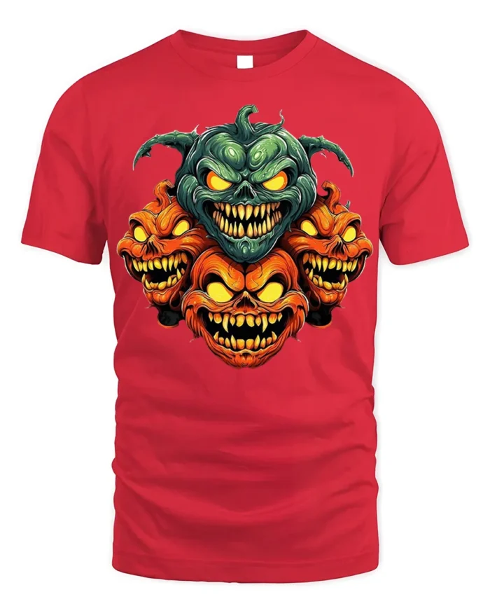 Evil Multi-Headed Pumpkin Monster T-Shirt - red t-shirt on white background