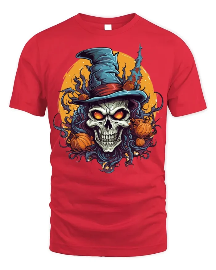 Evil Witch Skull Pumpkin Moon Halloween T-Shirt - red t-shirt on white background