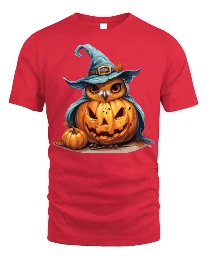 Halloween Owl with Pumpkin Witch Hat T-Shirt - red t-shirt on white background