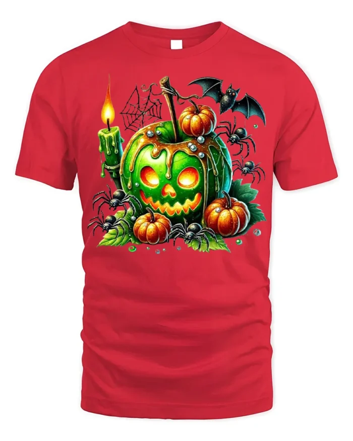 Green Poison Apple Pumpkin Halloween T-Shirt - red t-shirt on white background