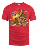 Whimsical Pumpkin Cottage Autumn T-Shirt - red t-shirt on white background