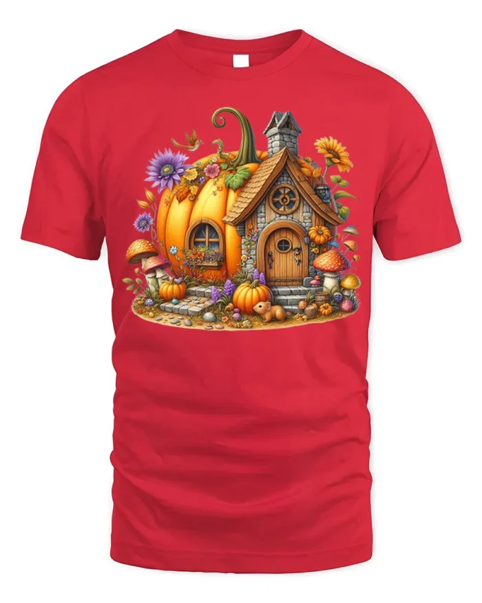 Whimsical Pumpkin Cottage Autumn T-Shirt - red t-shirt on white background