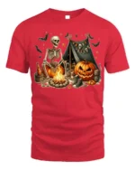 Skeleton Pumpkin Campfire Halloween T-Shirt - red t-shirt on white background
