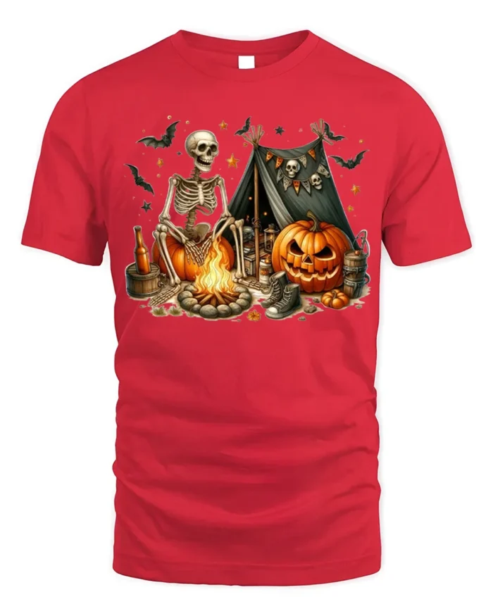 Skeleton Pumpkin Campfire Halloween T-Shirt - red t-shirt on white background