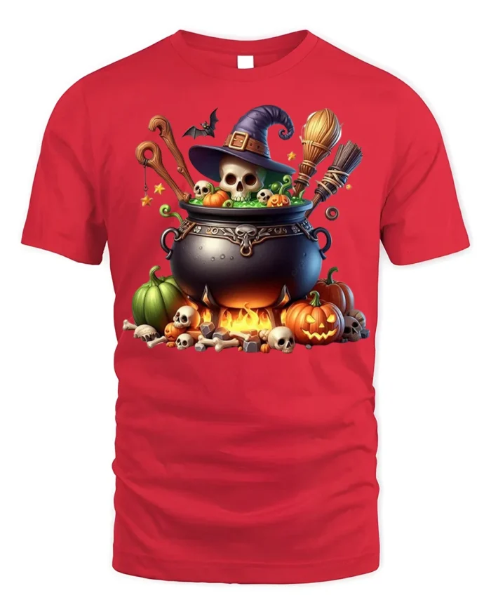 Spooky Witch Cauldron Halloween T-Shirt - red t-shirt on white background