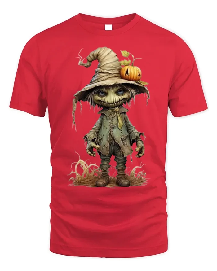 Creepy Pumpkin Head Scarecrow Halloween T-Shirt - red t-shirt on white background