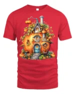Whimsical Pumpkin House Autumn Harvest T-Shirt - red t-shirt on white background