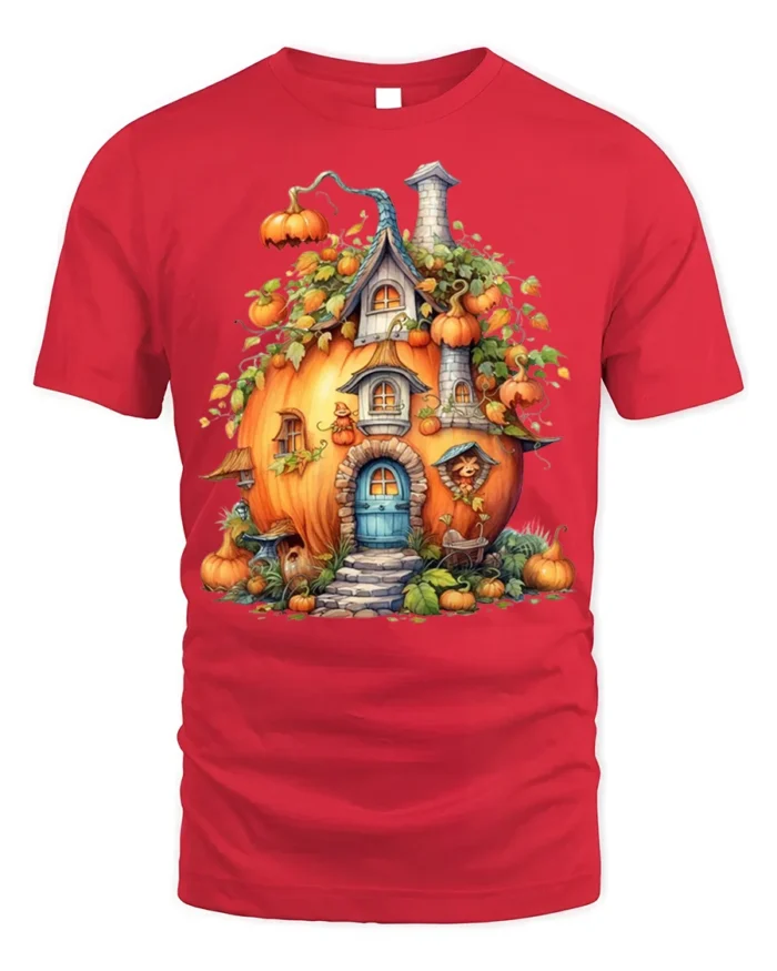 Whimsical Pumpkin House Autumn Harvest T-Shirt - red t-shirt on white background
