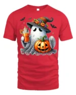 Cute Ghost Pumpkin Drink Halloween T-Shirt - red t-shirt on white background