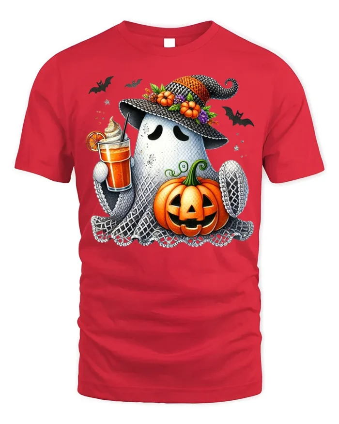 Cute Ghost Pumpkin Drink Halloween T-Shirt - red t-shirt on white background