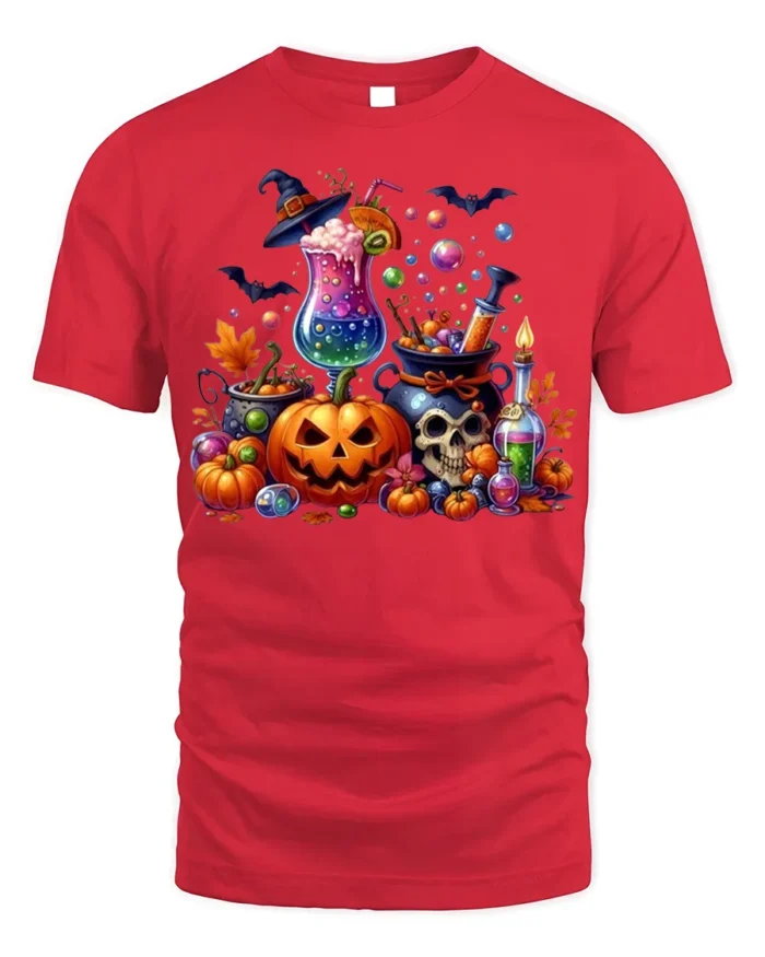 Colorful Halloween Potion and Pumpkin T-Shirt - red t-shirt on white background