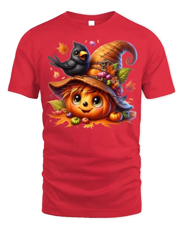 Cute Pumpkin Crow Autumn Harvest T-Shirt - red t-shirt on white background