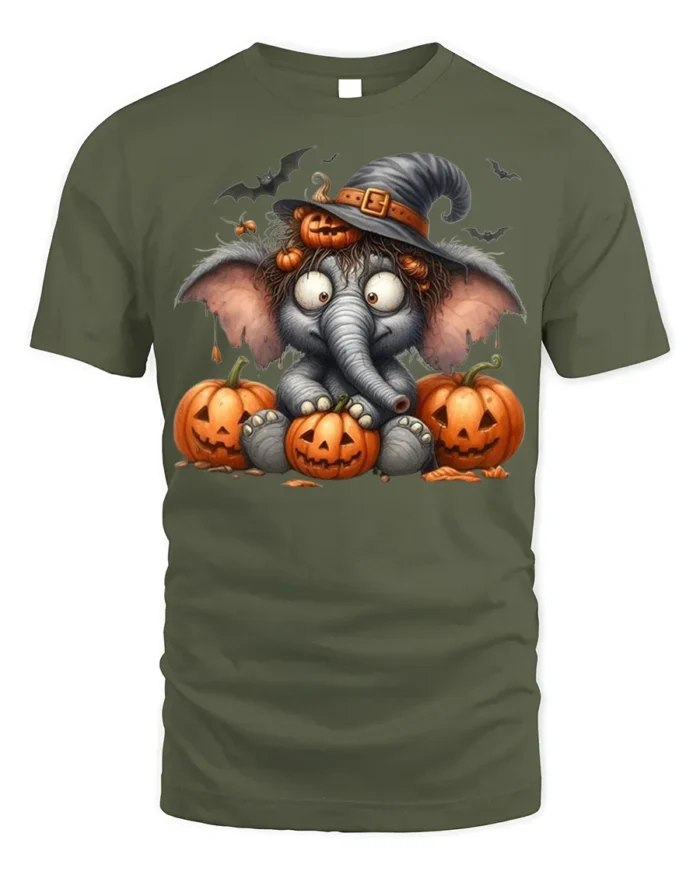Cute Halloween Elephant Pumpkin T-Shirt - military green t-shirt on white background