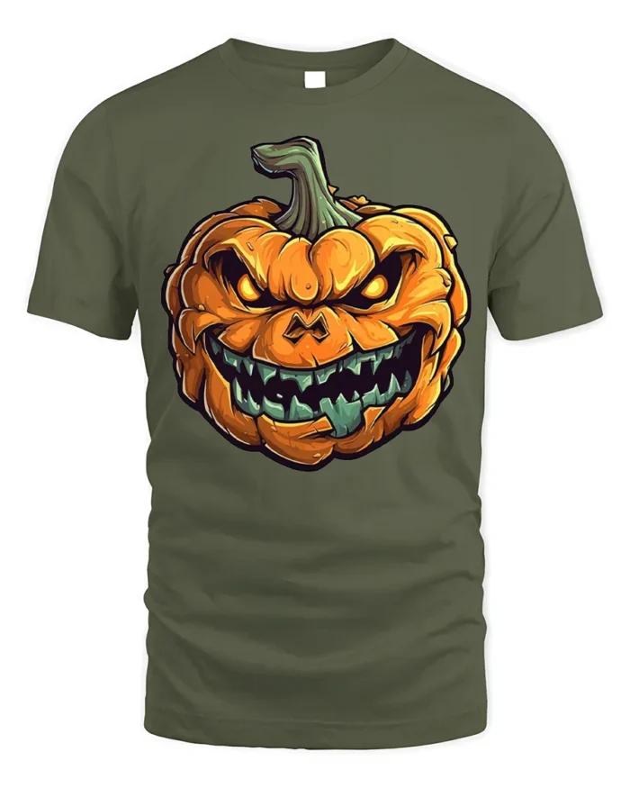 Scary Evil Grinning Pumpkin Halloween T-Shirt - military green t-shirt on white background