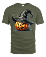 Witch Hat Jack-O’-Lantern Halloween T-Shirt - military green t-shirt on white background