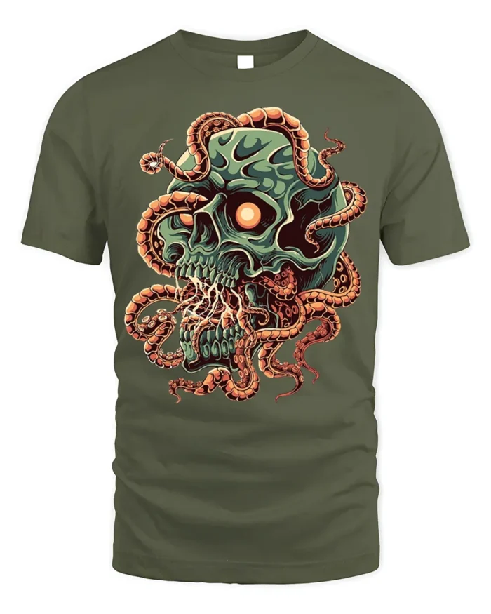 Green Skull Tentacle Horror Halloween T-Shirt - military green t-shirt on white background