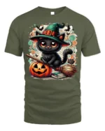 Cute Black Cat Witch Halloween Pumpkin T-Shirt - military green t-shirt on white background