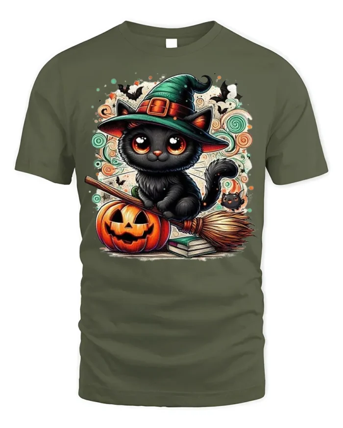 Cute Black Cat Witch Halloween Pumpkin T-Shirt - military green t-shirt on white background