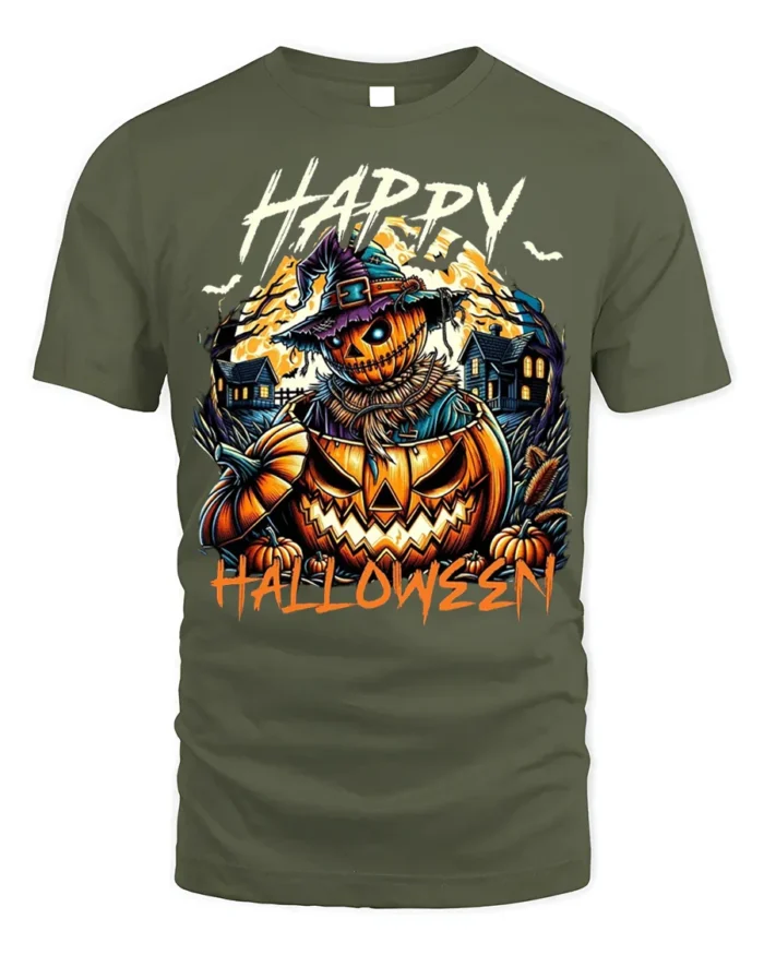 Creepy Pumpkin Scarecrow Happy Halloween T-Shirt - military green t-shirt on white background