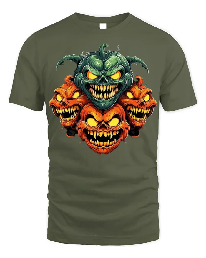 Evil Multi-Headed Pumpkin Monster T-Shirt - military green t-shirt on white background
